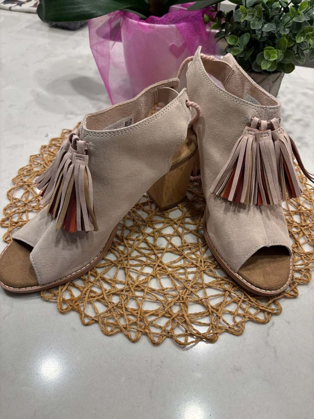 TOMS Light Blush Pink Suede Tassel Block Heel Booties